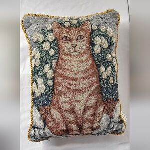 ​Vtg Tapestry Cat Pillow Woven  Tabby Ginger Cat & Floral Garden - Cottagecore